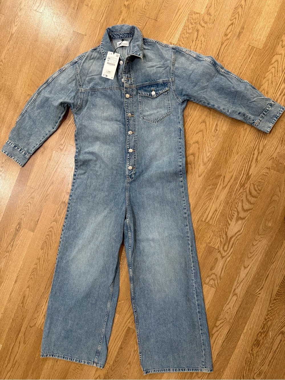 Zara NWT Denim Wide Leg Utility Jumpsuit XS Button Front